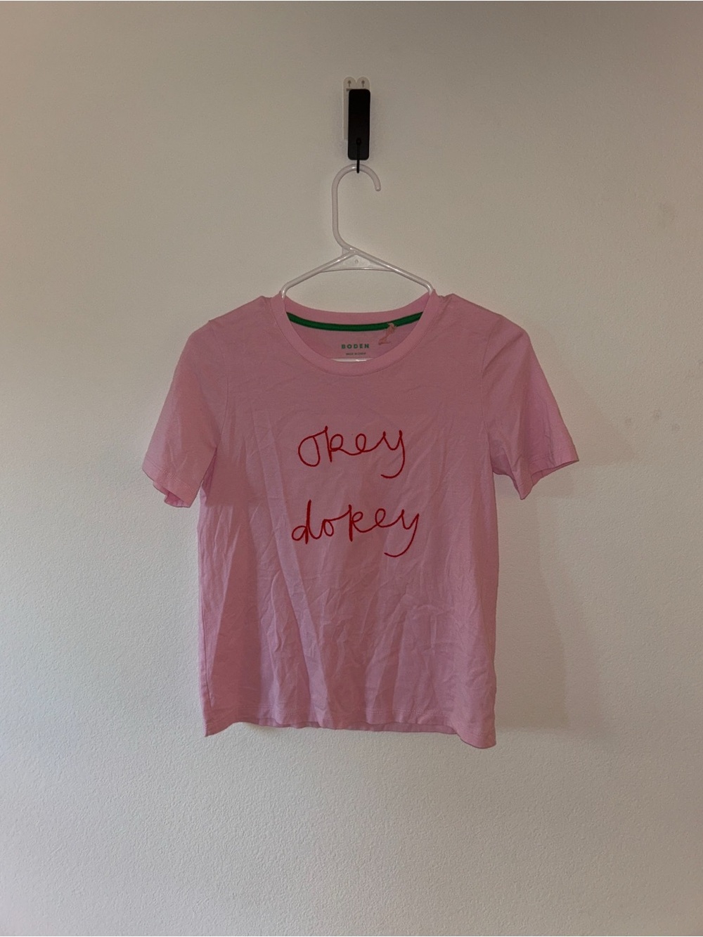 Boden Pink Tee with Green Logo Trim